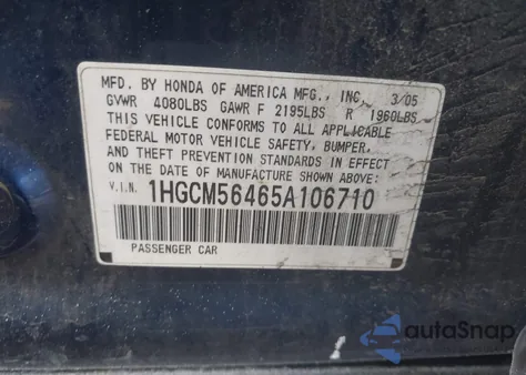 2005 Honda Accord 2.4 Lx из США, поврежденный, VIN 1HGCM56465A106710